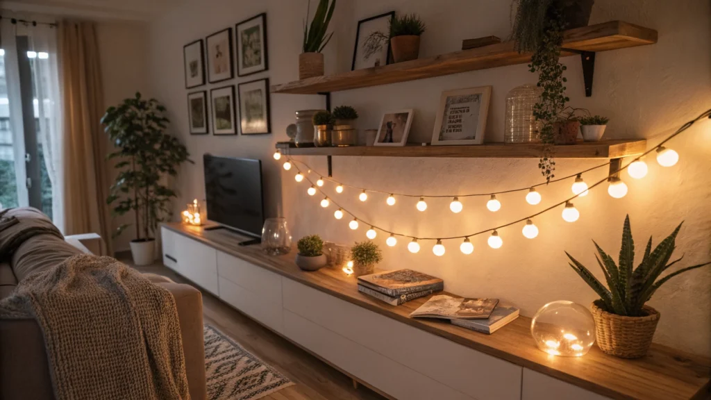 Warm string lights draped along a floating shelf in a cozy boho living room
