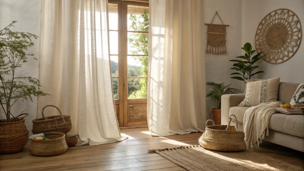Sheer linen curtain panels diffusing natural light in a cozy boho living room
