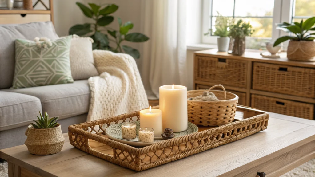 Woven rattan tray with candles styled on a coffee table