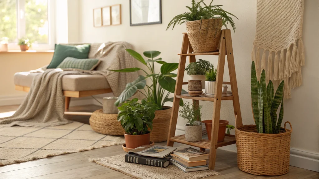 Wooden ladder plant stand displaying potted plants of varying heights