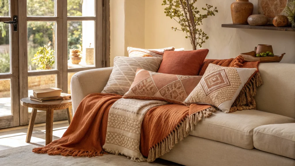 Cozy boho living room ideas: textured throw pillows in terracotta and neutral tones
