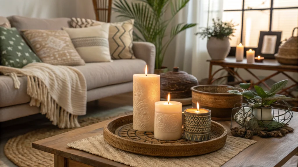 Three sculptural candles grouped on a woven tray with soft warm glow