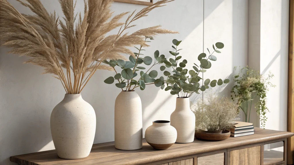 Ceramic vases in varying heights with dried pampas grass and eucalyptus stems