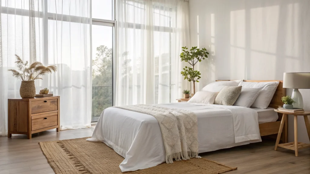 minimalist bedroom makeover on a budget with white linen bedding and natural light