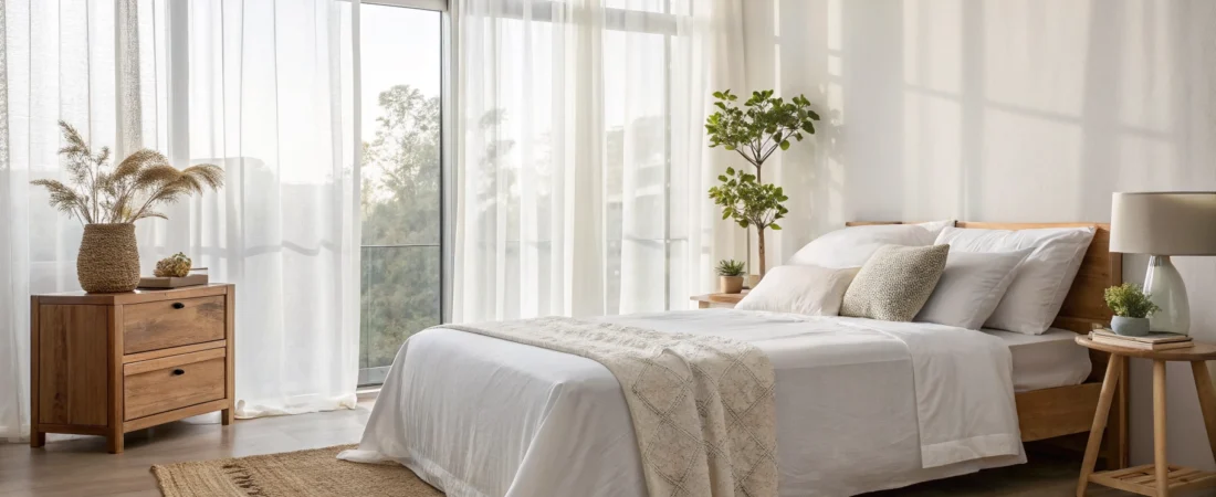 minimalist bedroom makeover on a budget with white linen bedding, wooden nightstand, sheer curtains and natural light