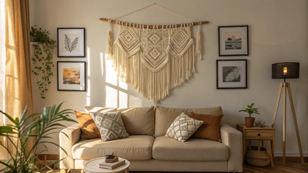 Macrame wall hanging styled above a boho living room sofa with framed prints