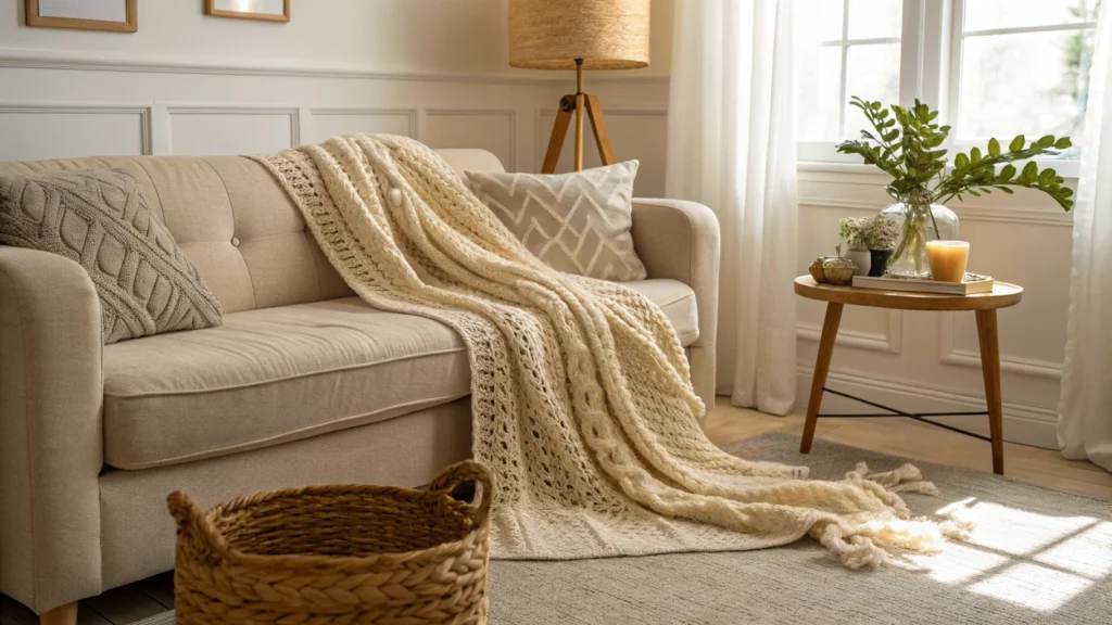 Chunky knit throw blanket draped over a neutral sofa in a cozy boho living room
