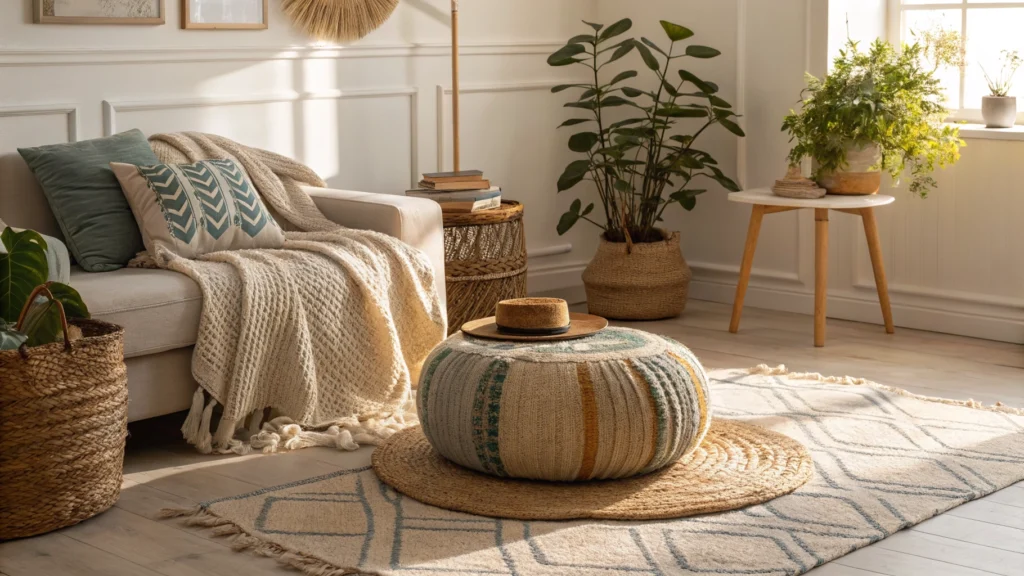 Woven pouf ottoman styled on a layered rug with a textured throw blanket