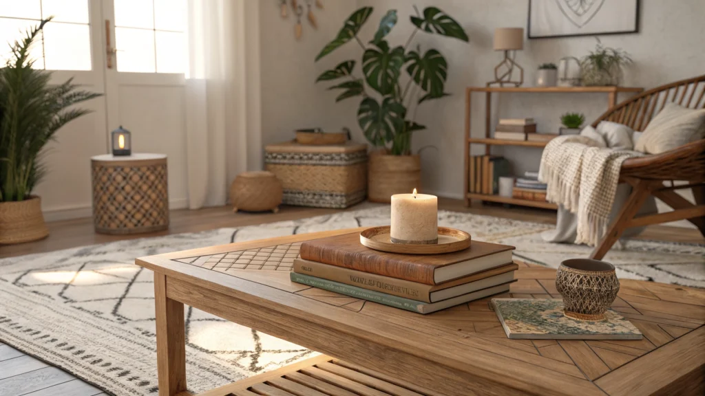 Stack of coffee table books topped with a candle in a cozy boho living room