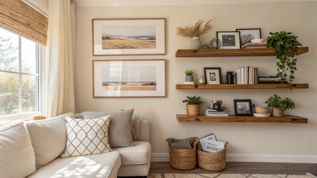 Wooden floating shelves styled with framed art, books, and potted plants