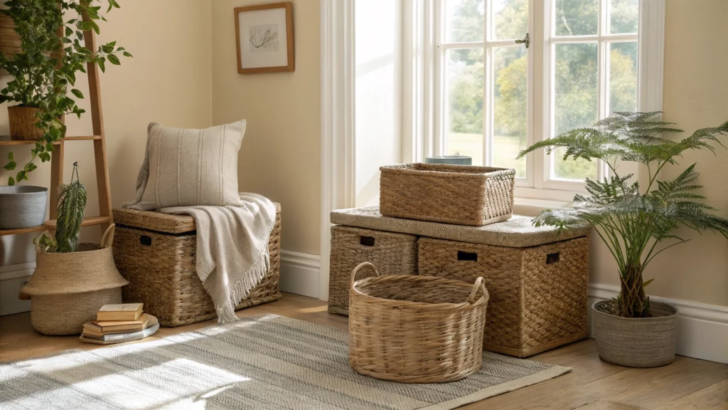 Woven seagrass storage baskets in varying sizes styled in a cozy living room corner