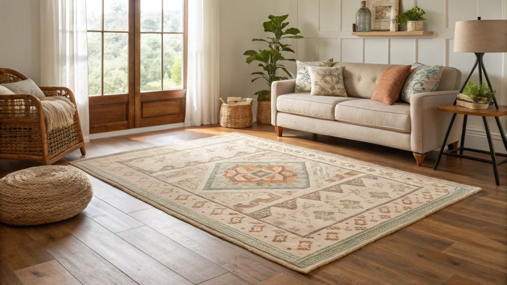 Layered boho area rugs over neutral jute rug in a cozy living room