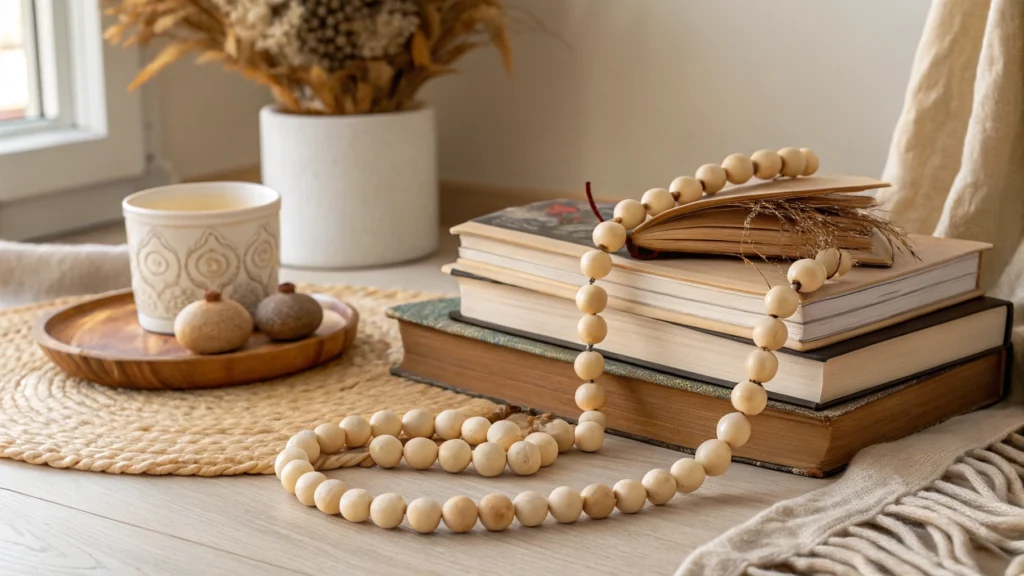 Wooden bead garland draped over a stack of coffee table books