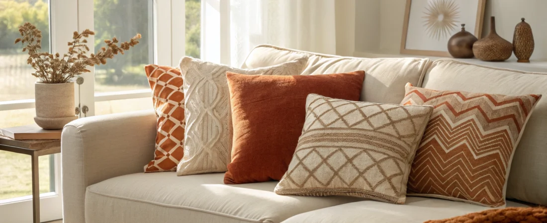 best throw pillows for a cozy living room styled on a neutral sofa
