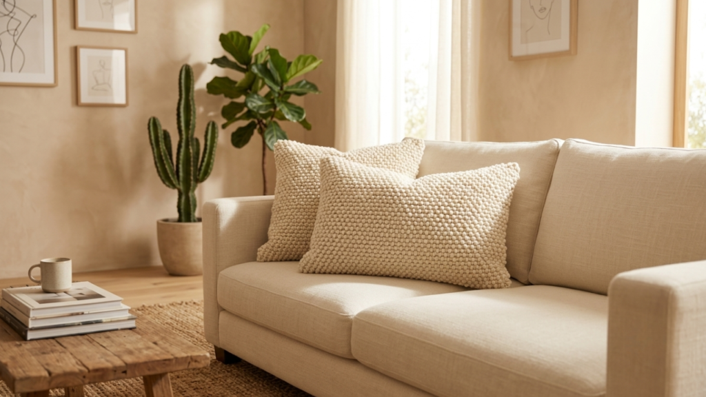 best throw pillows for living room featuring textured boucle on neutral sofa
