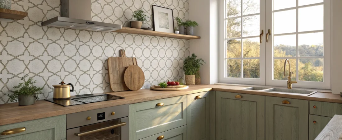 Small rental kitchen refresh with removable backsplash, brass hardware, and potted herbs
