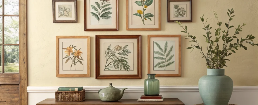 Budget wall art ideas — gallery wall of botanical prints in wood frames above a console table