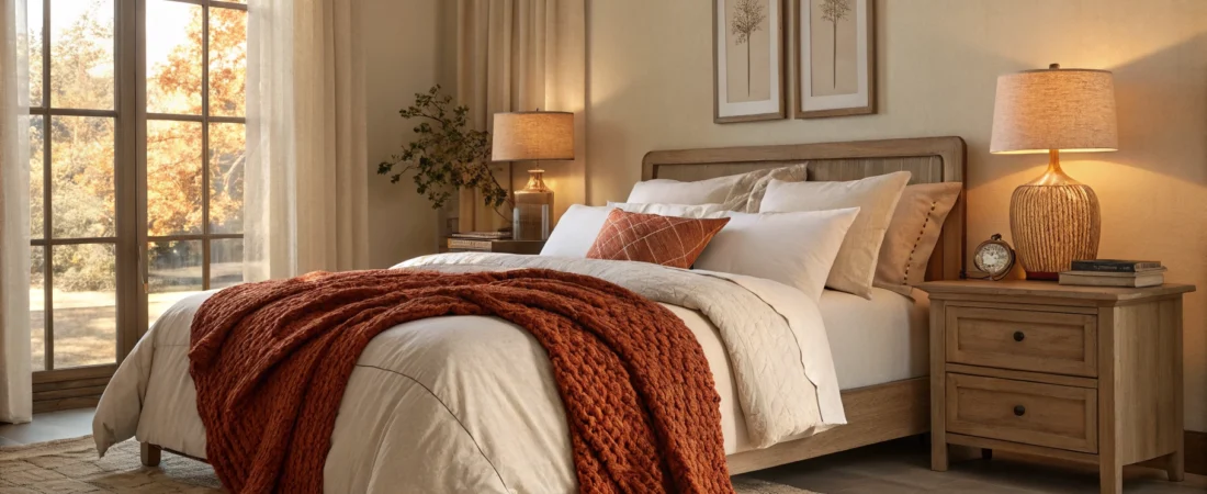 Cozy fall bedroom refresh with cream bedding and rust chunky knit throw under warm lamp light