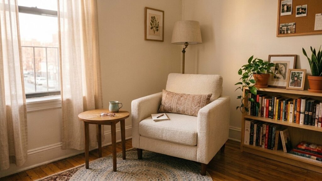 Claiming an underused apartment corner for a cozy reading nook