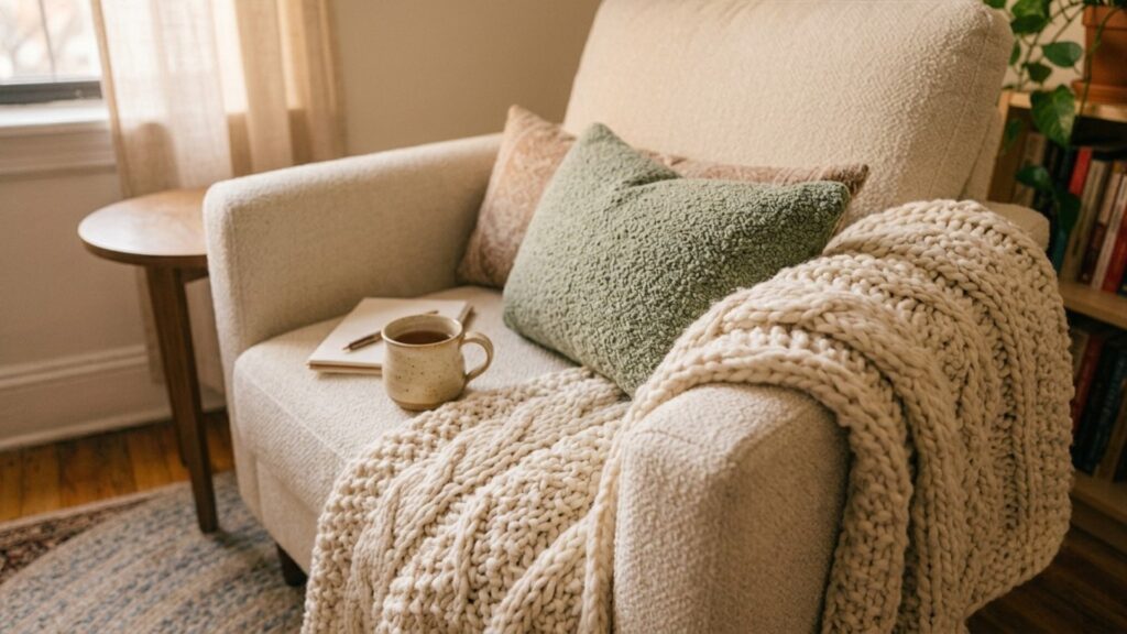 Chunky knit throw and boucle lumbar pillow layered on a reading nook chair