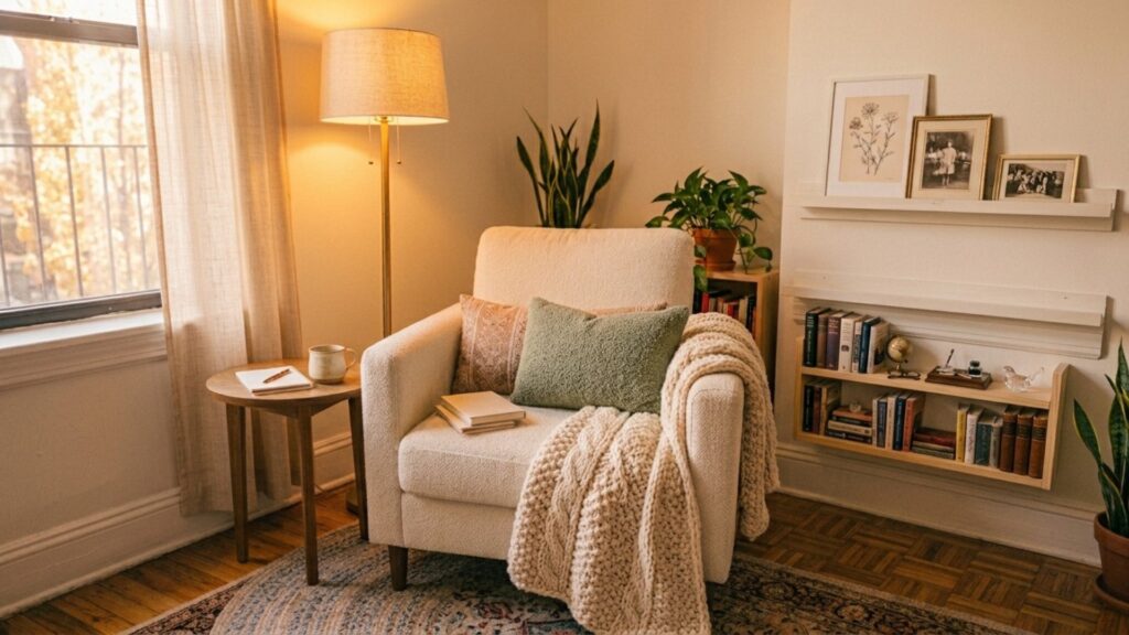 Complete cozy reading nook for renters under 120 dollars at golden hour