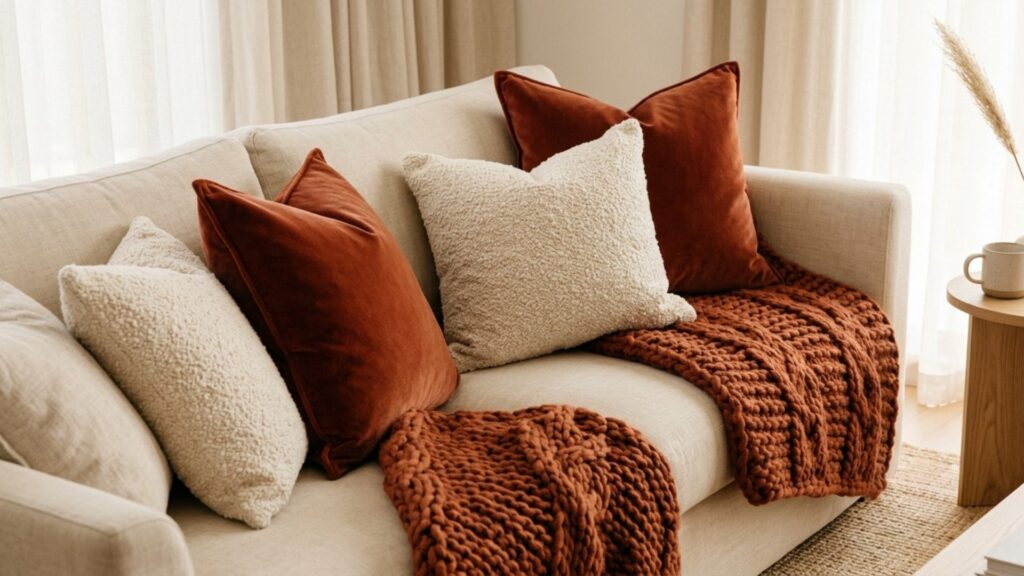 Warm-toned fall throw pillows and blanket layered on a neutral sofa