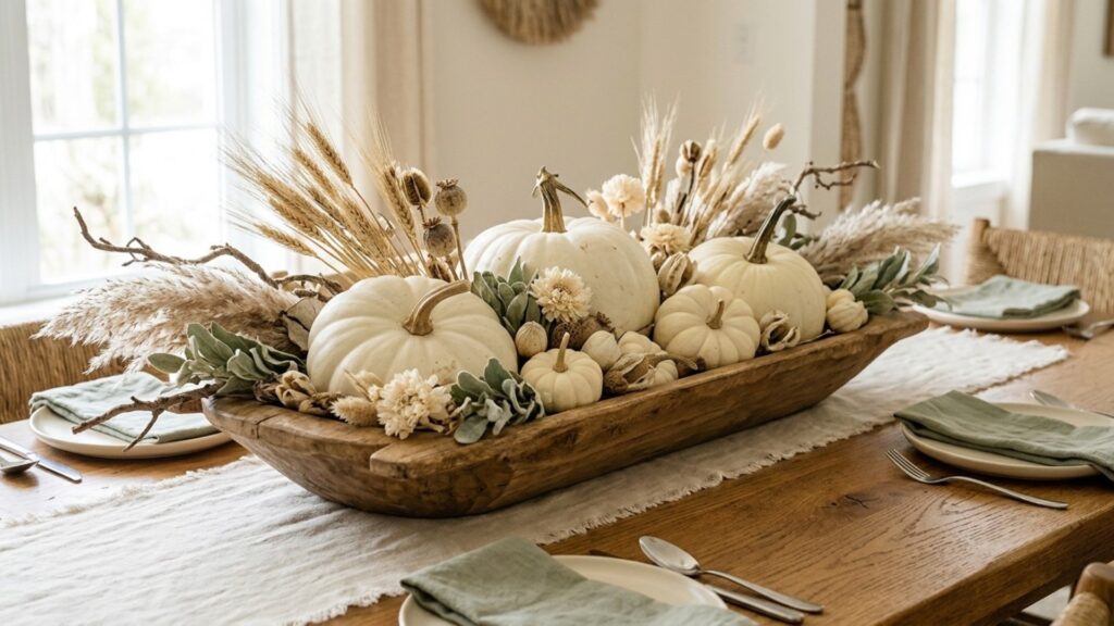 Neutral wood-bowl fall centerpiece with heirloom pumpkins and dried stems