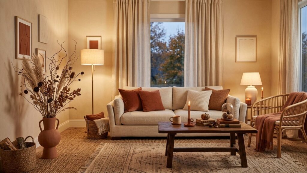 A complete budget-friendly fall home refresh with warm lighting and natural textures