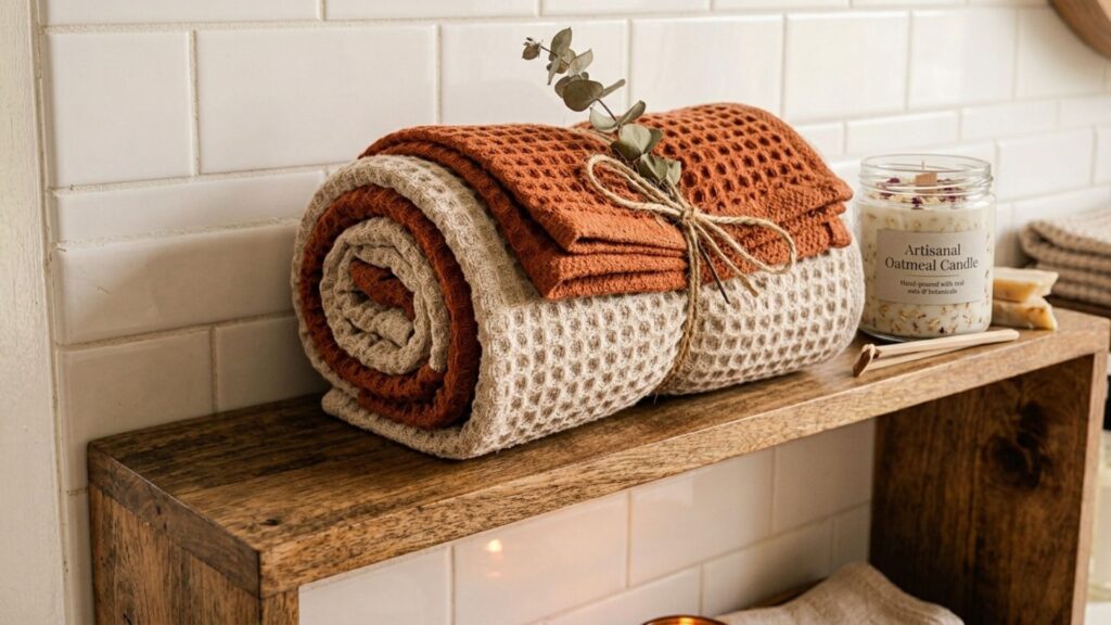 Warm-toned rolled towels styled in a small bathroom