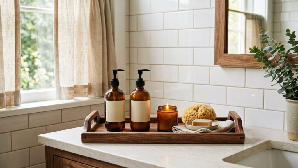 Wood tray styling idea for small bathroom counter decor