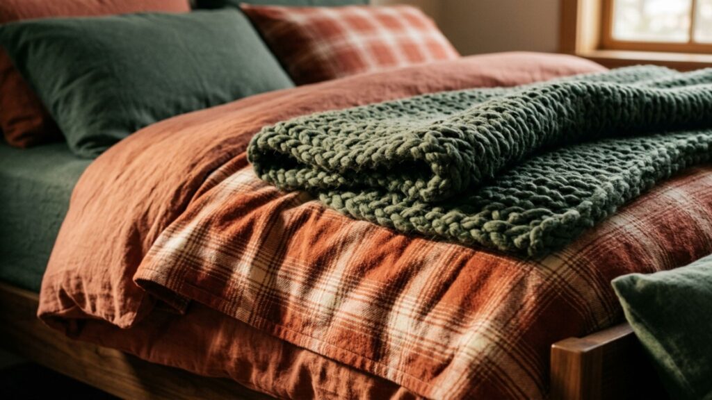 Warm winter bedding layered for a cozy rental bedroom