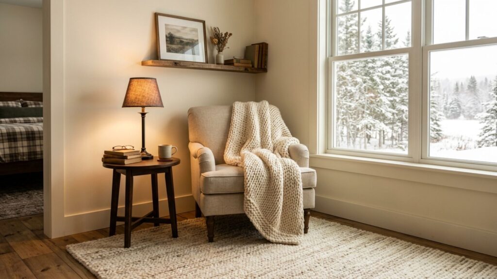 Cozy winter reading corner in a small bedroom