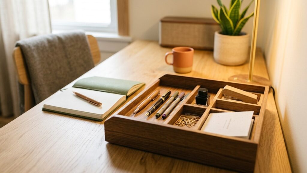 Wood desk tray styling idea for a small home office