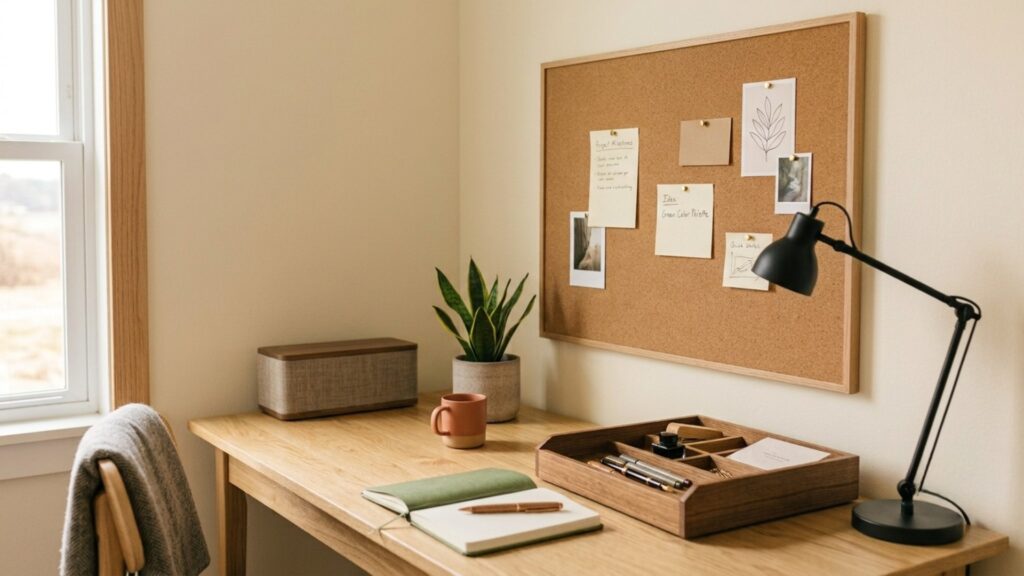 Cork pinboard styling idea for a small home office corner