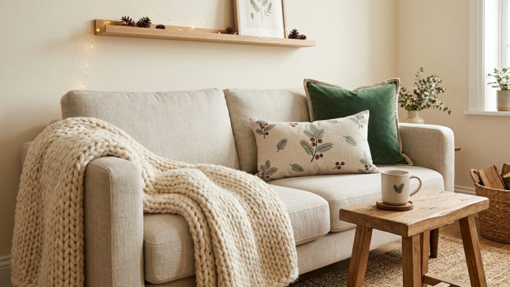 Small apartment Christmas decor ideas — sofa with a chunky knit throw, holiday pillow covers, and warm fairy lights