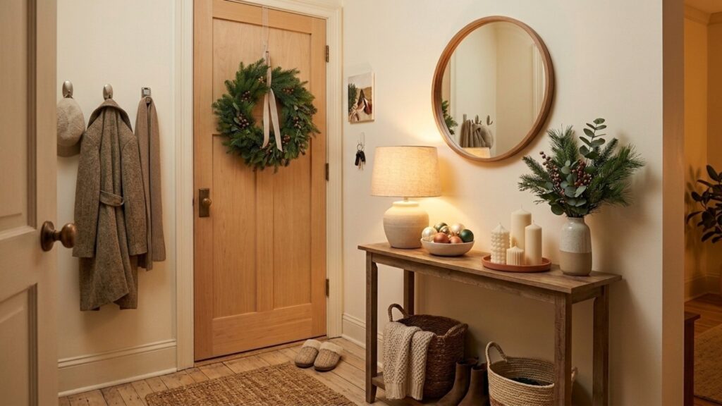 Renter-friendly Christmas decor — a command-hook wreath and cozy entryway console vignette in a small apartment