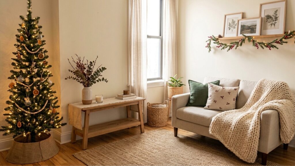 Cozy small apartment living room decorated for Christmas with a slim tree, warm string lights, and a knit throw