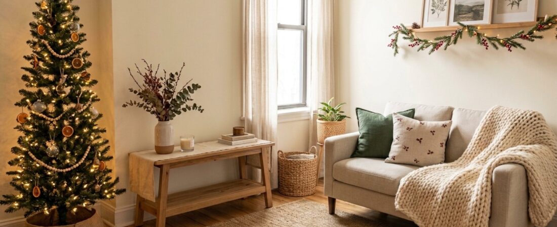 Cozy small apartment living room decorated for Christmas with a slim tree, warm string lights, and a knit throw