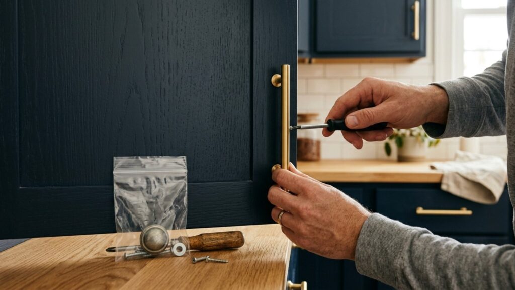 Renter-friendly brass cabinet hardware swap with original knobs saved for move-out