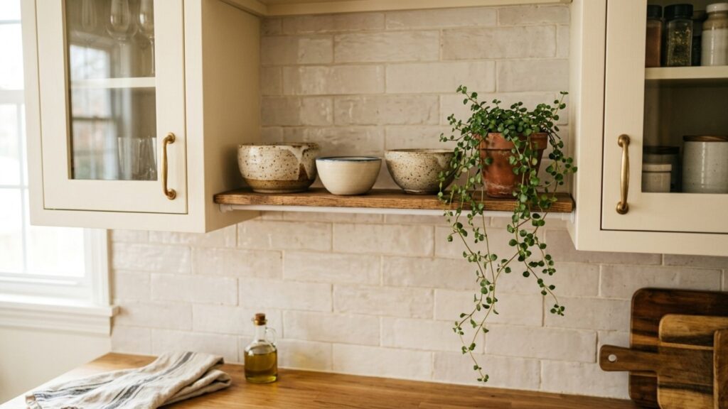 No-drill tension rod open shelving in a small rental kitchen with styled ceramic bowls