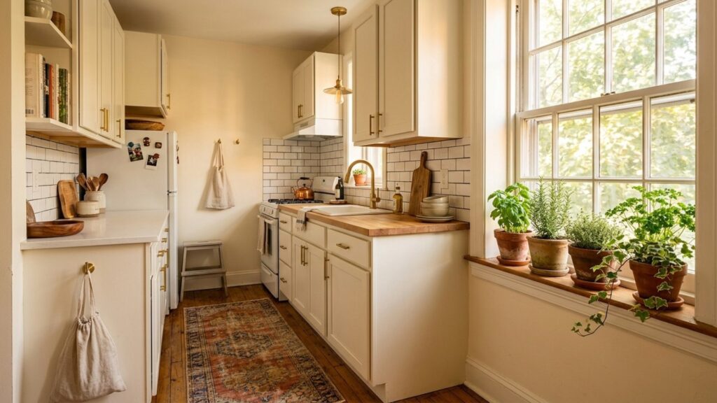 Complete small kitchen decor refresh for renters under 100 dollars with runner rug and warm styling