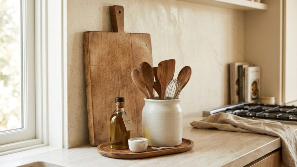 Styled kitchen countertop vignette with wooden cutting board and ceramic utensil crock
