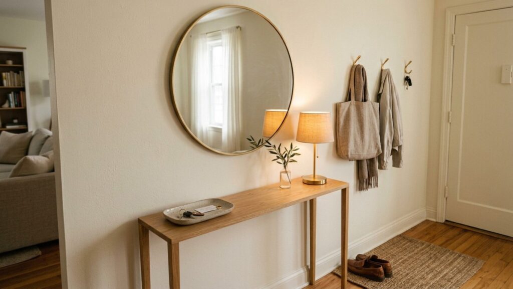 Slim console table styled minimally in a small apartment entryway