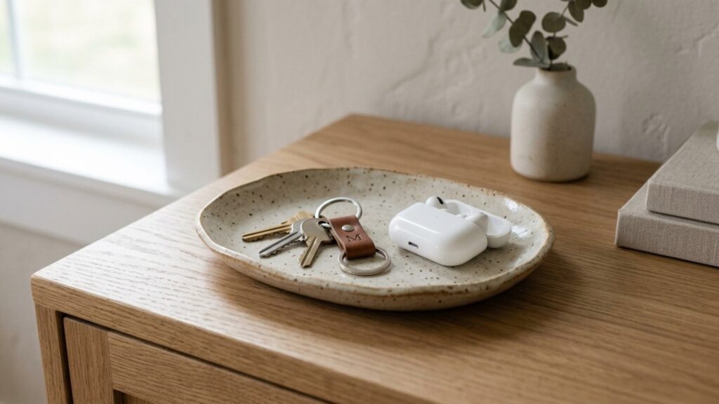 Ceramic catchall tray for keys on a minimalist entryway console