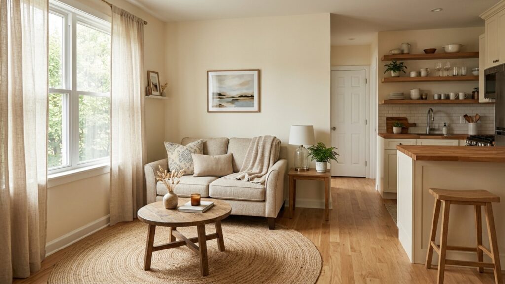 small living room layout with sofa and floating rug to define the space
