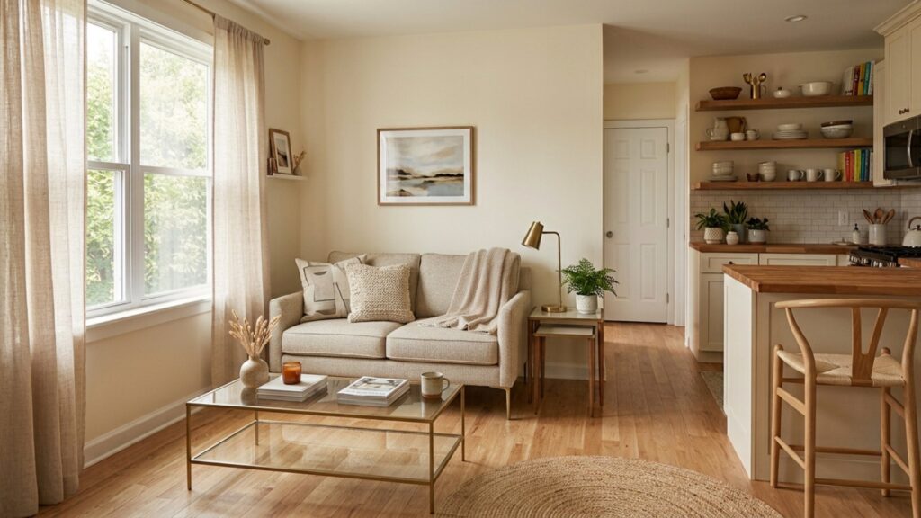 furniture with slender legs and glass coffee table for a small living room