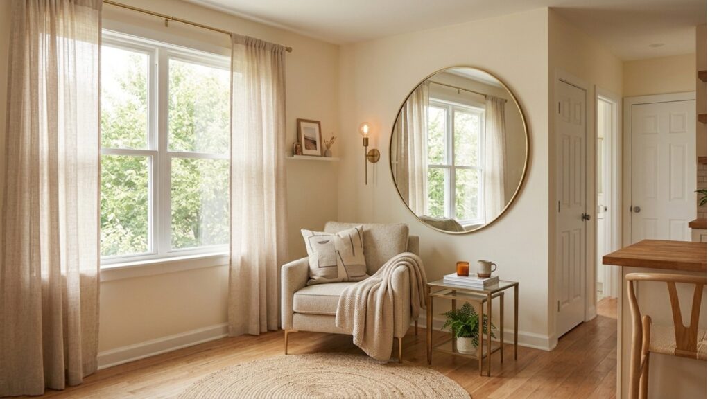 mirror and high curtains to make a small living room feel bigger
