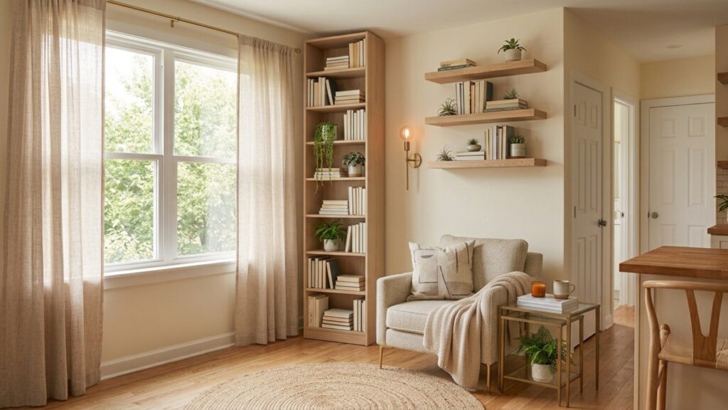 vertical storage with floating shelves for a small apartment living room