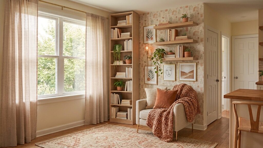 renter-friendly small apartment living room decor with removable wall decor