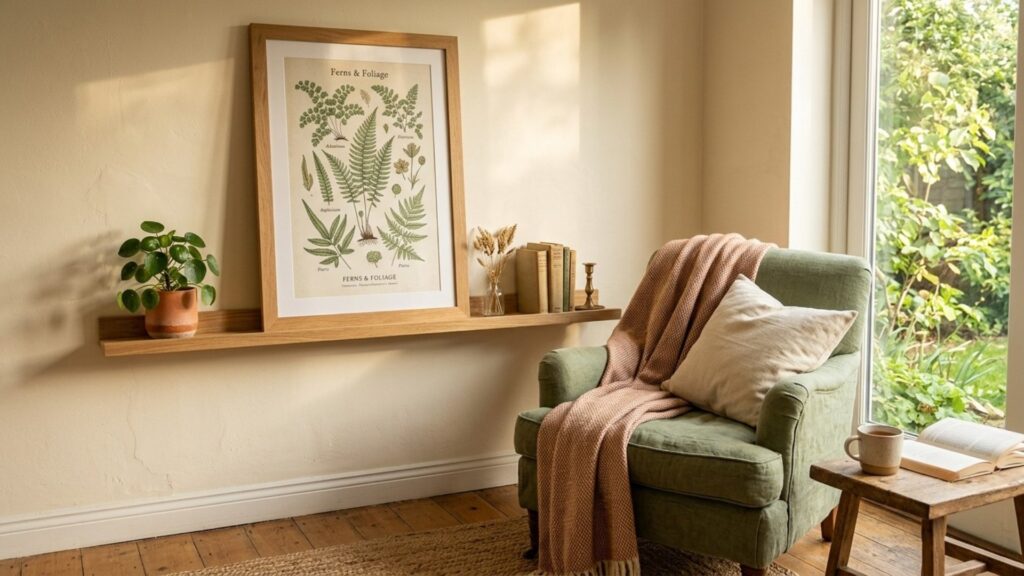 Budget wall art ideas — large framed botanical print leaning on a picture ledge in a cozy corner